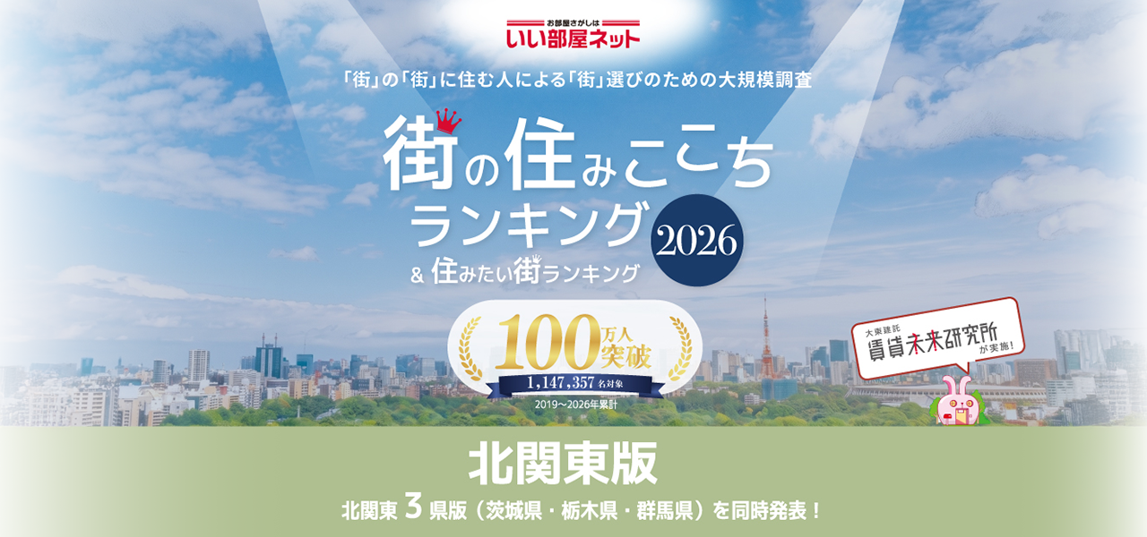 お部屋探しはいい部屋ネット 街の街に住む人による街選びのための大規模調査 街の住みここちランキング 住みたい街ランキング2026 北関東版 北関東3県版（茨城県・栃木県・群馬県）を同時発表！