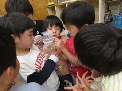 写真:虫の入ったカップを囲む子どもたち