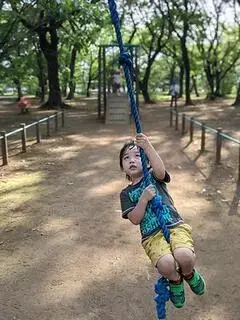 写真：公園のターザンロープにつかまってこちらに向かっている子