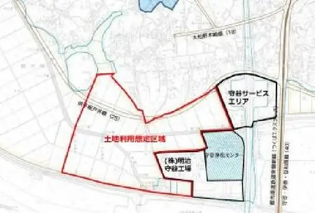 地図:守谷サービスエリア・守谷浄化センター・株式会社明治守谷工場の西側に隣接する形で供平板戸井線に沿って土地利用想定区域が広がっている様子を示した図