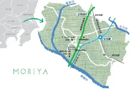 茨城県にある守谷市の位置図、利根川・鬼怒川・小貝川のに囲まれ、守谷駅を中心にしたイラスト