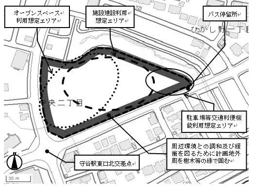 地図:守谷駅東口市有地利活用事業の一例