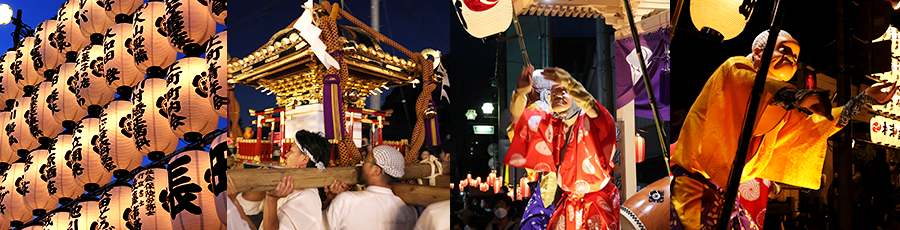 八坂神社祇園祭の提灯、お神輿、お囃子に合わせて踊る踊り手の写真