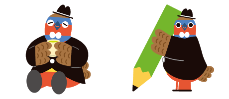 お茶を飲むこじゅまる、えんぴつをもつこじゅまるのイラスト