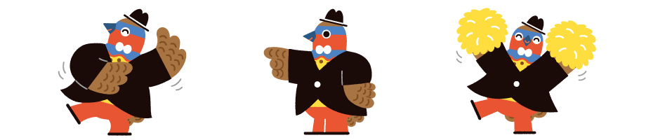 踊るこじゅまる、応援するこじゅまる、指さしをするこじゅまるのイラスト