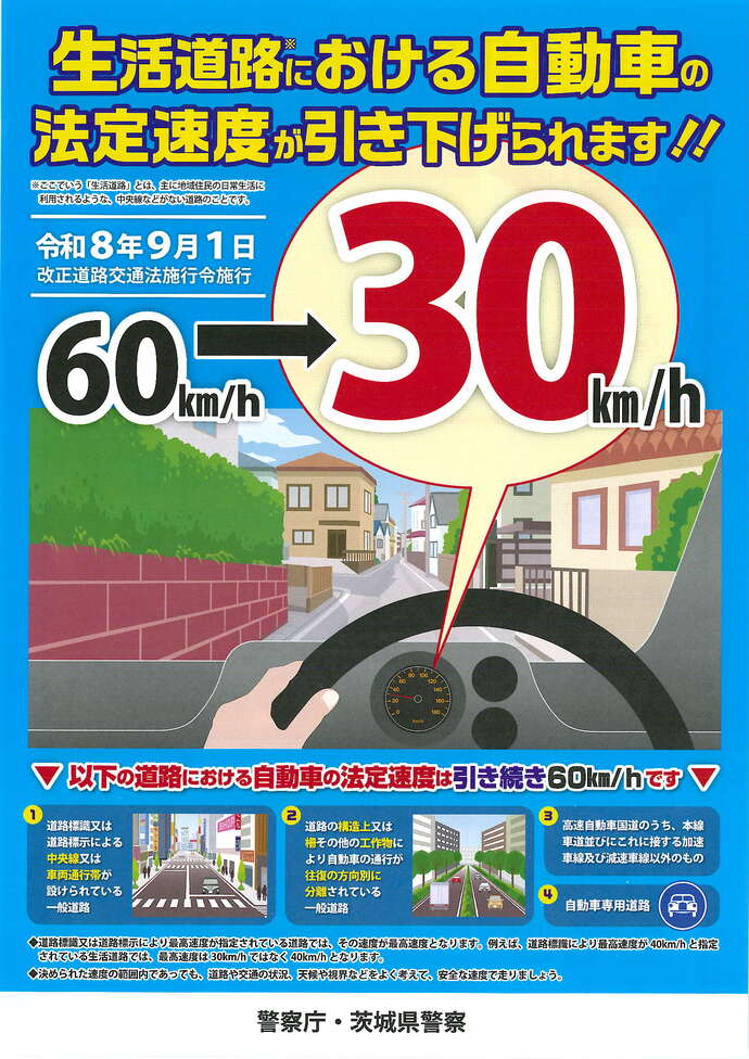 生活道路の法定速度が60キロから30キロに変更されます