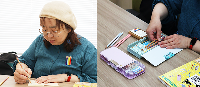 ふじいなおみさんが実際に文房具を使用しながら語る様子